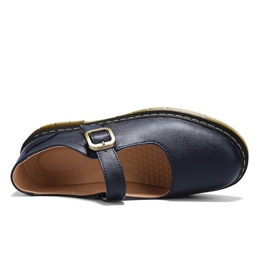 Image of Women's Mary Jane Flat Shoes Comfort Platform Buckle Ankle Strap Flats Breathable Slip On Lightweight Office Work Shoes Navy Blue,8 US