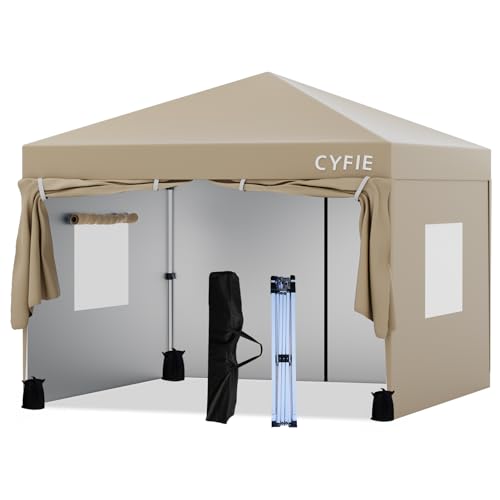 CYFIE 10'X10' Pop Up Canopy Tent with 4 Removable Sidewalls, Portable Instant Outdoor Khaki Shade Canopy Gazebo, Quick Setup Waterproof & Uv-Resistant Tent for Party Beach Patio Camping Vendor Events