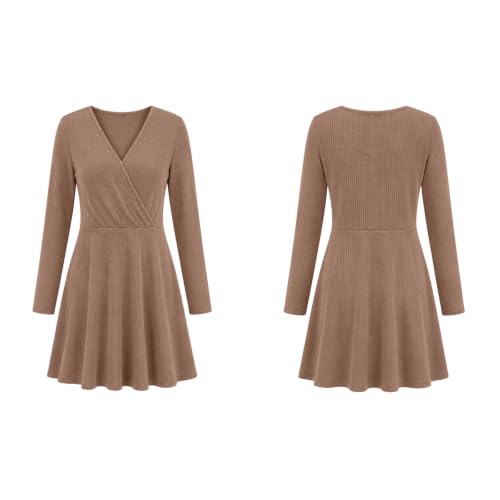 Rtdyvyuhb Long Sleeve Dress for Wedding Guest V Neck Ribbed Pleated 2026 Fall Sweater Dress Cute Casual Mini A Line Dresses Brown Small - image 4