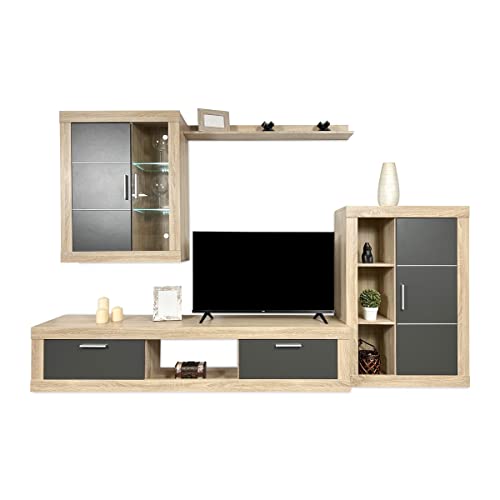 Homey Cambria y Grafito Mueble de Salón Moderno con Leds, Módulos de Comedor, Modelo Freim, Acabado, Madera, Grande