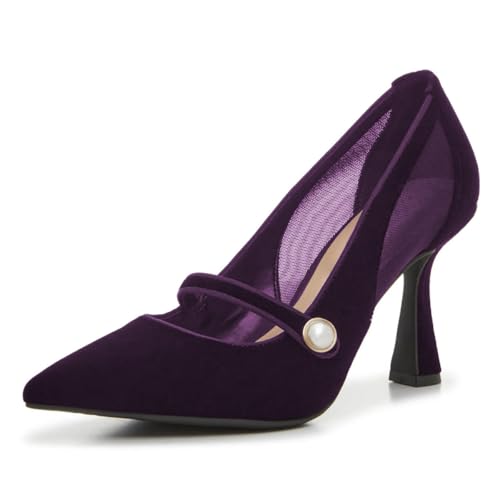 FOWT Women Pearl Pointed Toe Pumps Kitten Mid Heel Mary Janes Sexy Mesh Office Formal Shoes Size 4-16 US
