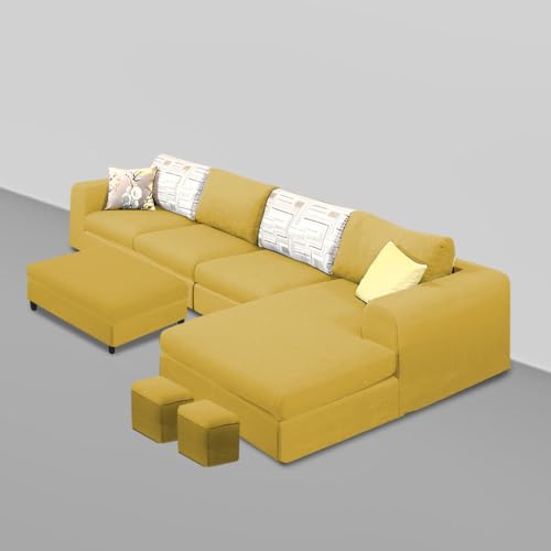 Image of Koza RHS 8 Seater L Shape Sofa Set with Center Table for Living Room (Yellow Fabric) Premium Fabric Sofa