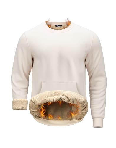 Pudolla Mens Winter Shirts Long Sleeve Mens Fleece Pullover Crew Neck Sweatshirts for Men Heavy Warm Sweatshirts(off white XL)