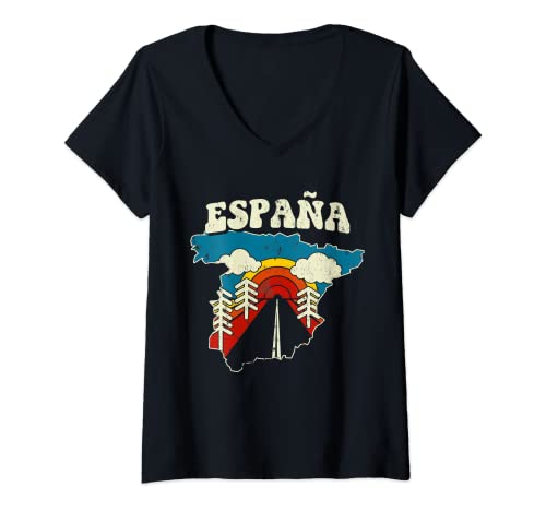 Mujer España Vintage Español País Europa Rainbow Retro 70s Mapa Camiseta Cuello V