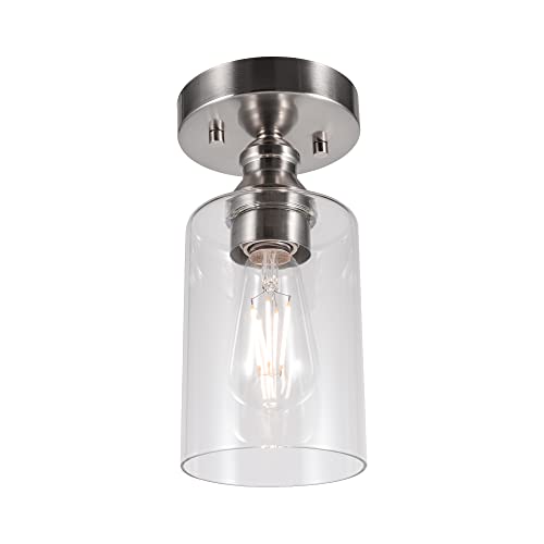 Gruenlich Semi Flush Mount Ceiling Light Fixture For Outdoor And Indoor, E26 Medium Base, Metal Housing Plus Clear Glass, Bulb Not Included, 1-Pack, Nickel Finish #TOP19