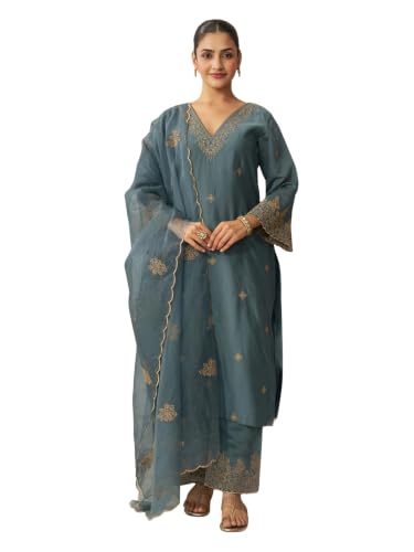 Image of Royal Export Women's Kurta Set | Viscose Silk Floral Embroidered Straight Kurta Pant Dupatta Set Kurta Sets for Women | Ladies Kurta Set