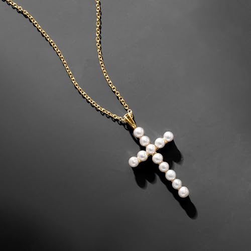 Ross-Simons 3.5-4mm Cultured Pearl Cross Pendant Necklace in 18kt Gold Over Sterling. 18 inches3