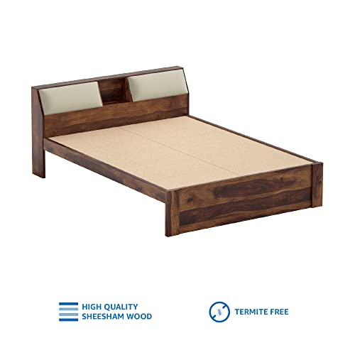 Image of STRATA FURNITURE Solid Sheesham Wood Cazz Queen Size Bed with Headboard Storage | Palang Cots Wooden Double Beds | Ideal Furniture for Living Room Bedroom and Hotel (Natural Finish)