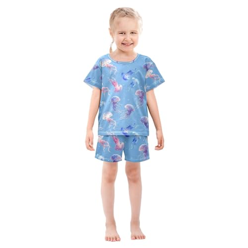 ALAZA Funny Fish Jellyfish Blue Pajamas Set Short Sleeve Cotton Sleepwear Summer Pjs 2 Piece 5-14Y3