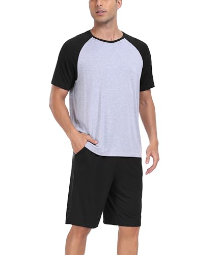 COLORFULLEAF Conjunto de pijama corto para hombre, conjunto de dos piezas, camiseta de manga corta de bambú para verano, ropa de dormir con cuello redondo, Negro , L