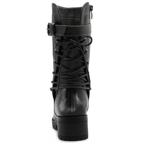 Image of GLOBALWIN Women's Biker Boots Lace up Back Mid Calf Motorcycle Fashion Festival Boots Combat Riding Military Boots for Women