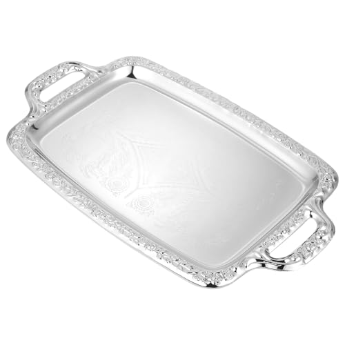 NIYANGLE Plateau de Service Vintage en Métal Argenté 39X23 CM Plateau Décoratif Ancien Cuisine et Salle à Manger Plaque de Rangement Polyvalente pour...