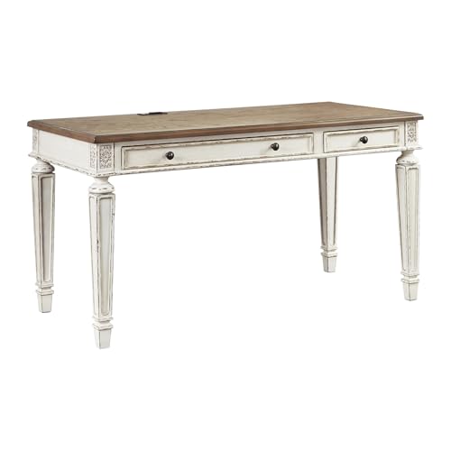 Signature Design by Ashley Realyn Farmhouse Home Office Desk, 2 Drawers, Drop-down Drawer, USB Charging, Wood, 60" W x 28" D x 31" H, Chipped White and Brown