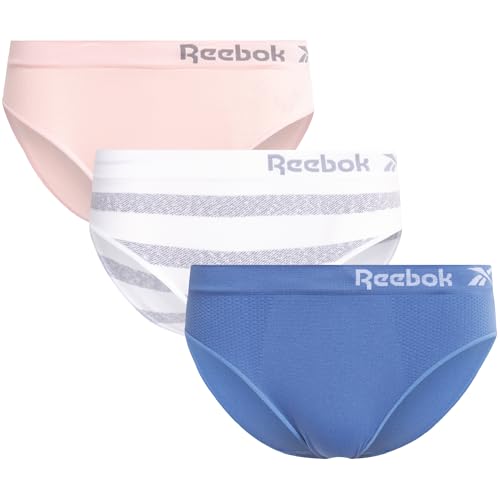 Image of Reebok Womens Underwear - 3 Pack Microfiber Seamless Womens Bikini Panties - Breathable Underwear for Women (S-XL), White Stripe/Lotus/Coronet Blue, XL