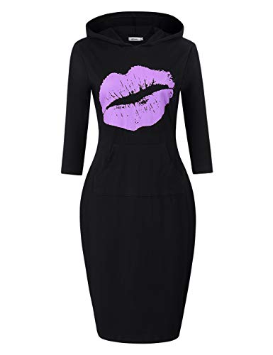 MISSKY Women's Pullover Hoodie 3/4 Sleeve Pocket Slim Sweatshirt Dress,XL
