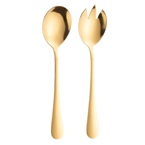 FUNOMOCYA Salad Fork Spoon Set 2pcs Gold Serving Spoons Salad Utensils Easy to Clean