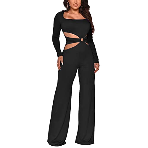 Annystore Women's Sexy Jumpsuits Elegant Long Sleeve Cut Out One Piece Straight Long Pants Clubwear Jumpsuits Rompers Black M