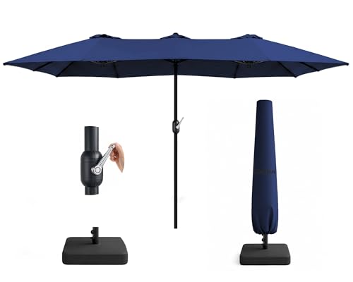 KEPLIN Double Garden Parasol with Base and Cover 4.5x2.7m Extra Large Outdoor Patio Umbrella 12 Steel Ribs 180gsm Polyester Canopy Crank Handle Weather Resistant Shade UV Protective Navy