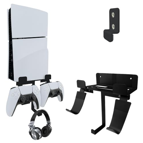 Image of Wall Mount for PS5 Slim Console, Aluminum PS5 Slim Disc /Digital Console Wall Shelf Mount with Controller & Headphone Holder - Black
