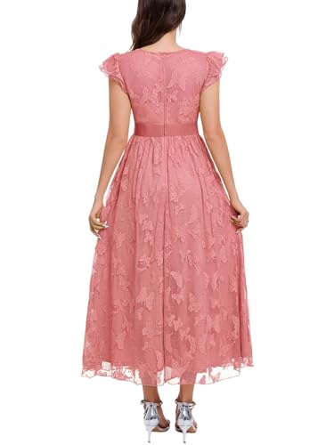 Image of Women's Casual Tulle Midi Dress Ruffle Sleeve Crewneck Lace Flowy Dresses Party Wedding Guest Sundress