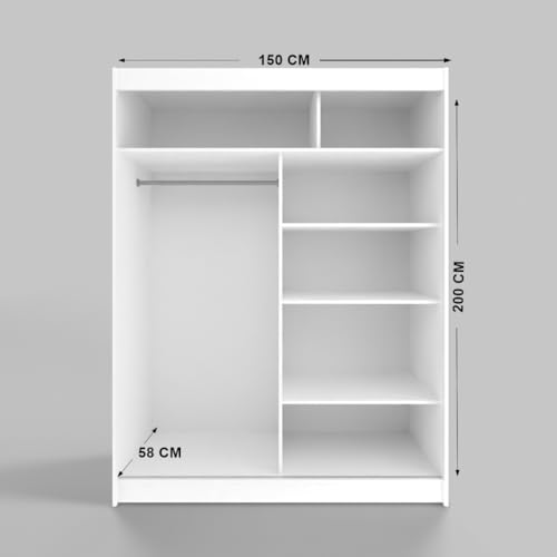 Gaba Furniture White Series 150 Cm Sliding Door Wardrobe With Mirror Widths 100/120/150/180/200/250 Cm Furniture For Bedroom Living Room Wardrobe With Hanging Rail - 2