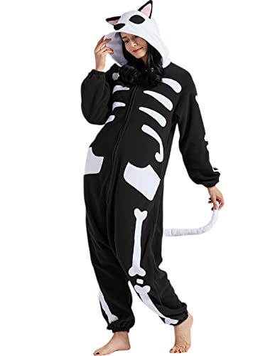 SAMGU Skeleton Cat Onesie Adult Halloween Christmas Animal Cosplay Costume One Piece Pajamas for Men Women Medium
