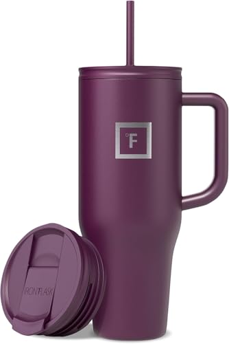 Image of IRON FLASK 40 oz Co-Pilot Insulated Travel Mug | Insulated Travel Mug with Straw & Flip Cap Lids - Cup Holder Fit, Leakproof, BPA Free (Burgundy)