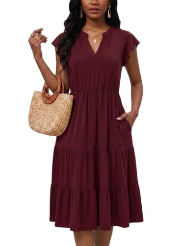 Image of Womens Summer Dress Ruffle Sleeve V Neck Midi Dresses Casual Fit Flowy Tiered Boho Beach Vacation Sundress