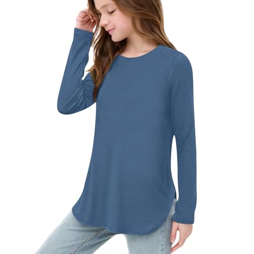 Girls Long Sleeve T-Shirts Soft Cotton Round Neck Tees, Casual Loose Tunic Tops with Side Split, Solid Toddler Blouse