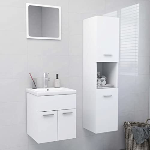 Runheo Ensemble Meuble Salle de Bain Blanc aggloméré avec Armoire évier, Armoire Haute, Miroir, Rangement Compact Moderne Design pour lavabo, Colonne,...
