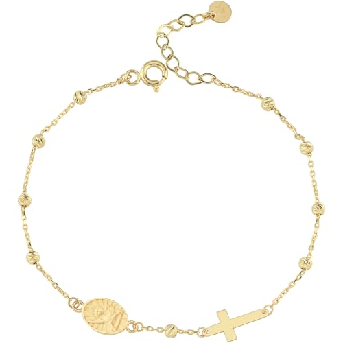Image of MIONZA Catholic Medal Cross Bracelet for Women | 14K Gold Plated or Solid Gold, Religious Rosary Jewelry, Choose Your Saint Medal Bracelet