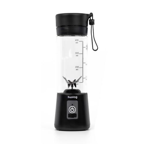 Huslog Batidora Portátil sin Cable 180W, 6 Cuchillas de Acero Inoxidable, 470 ml, USB-C/USB-A Recargable, Cierre de Seguridad, Asa de Transporte, para Smoothies y Batidos de Proteínas, Negro