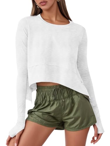 Aurgelmir Womens Long Sleeve Tops Crop Workout Athletic T-Shirts for Women Cropped Tee Loose Fit Casual Sweatshirts White
