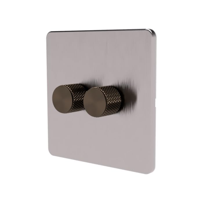 SAMOTECH Smart Matter Dimmer Switch Push On/Off-Rotary control for LED and Halogen Lights - Metal Faceplate & Metallic Knob - Brushed Chrome/Antique Brass 2-Gang