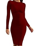 Mokoru Women's Casual Basic Pencil Dress Sexy Long Sleeve Bodycon Midi Club Dress, Small, Wine Red