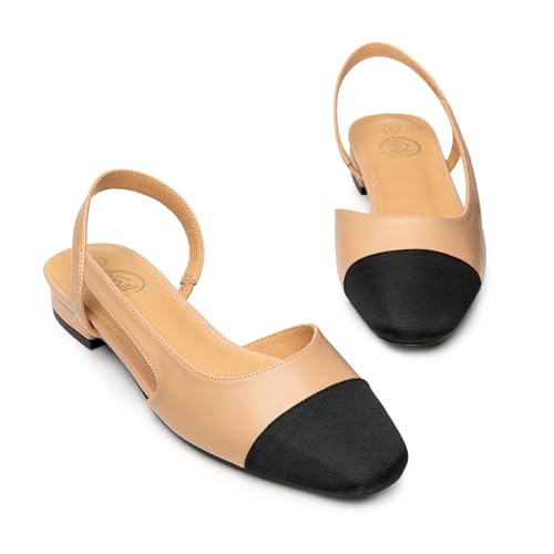 Image of Trary Slingback Flats for Women, Black Dressy Comfortable Round Square Toe Shoes, Work Office Casual Ankle Strap Dress Flats