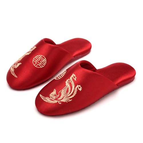 Premium Luxury Red Satin Silk Phoenix All Seasons Comfort Women's House Slippers Wedding Indoor Soft Home Slip On Shoes