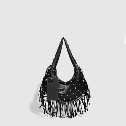 Womens Vintage Hobo Bag Genuine Leather Crossbody Purse with Fringe Studded Design Casual Shoulder Bag for Daily Use4