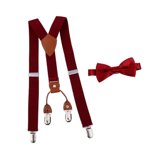 Veemoon 1 Set 4 Adjustable Suspenders and Bowtie Set for Boys and Back Design with Strong Clips for Birthdays Weddings Parties and School Events