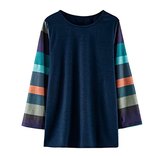 Girls Casual T-Shirt Long Sleeve Tee Tops Color Block Striped Crewneck Loose Tunic Blouse Kids Pullover(Blue,8-9 Years)2