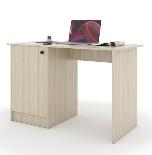 Image of 55*120*75 CM Engineered Wood Office Desk with Closed Cabinet & Storage Shelves for Storing Books, Stationery | Tabloft Executive Table for Office | 1 Year Warranty- Moldau Acacia Light