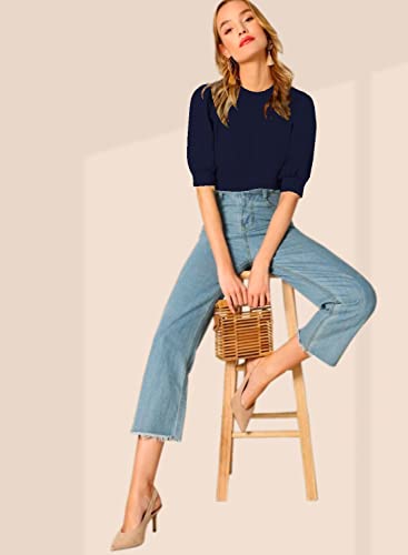 Image of Dream Beauty Fashion Women's Puff Sleeve Round High Neck Top Balloon Bishop Sleeve Elegant Casual Tee (23 inch Inches)- (Top Sofia P)