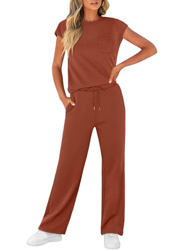 Image of WIHOLL 2 Piece Sets for Women Casual Summer Travel Vacation Outfits Cap Sleeve Lounge Set
