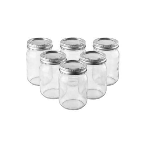 FastRack 16 oz Regular Mouth Mason Jars (Pack of 6) with Airtight Metal Lids | Pint Glass Canning Jars for Food Storage, Fermentation & Pickling | Clear Glass Canisters