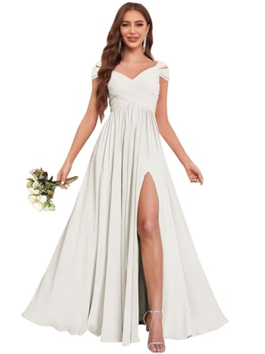 Off The Shoulder Bridesmaid Dresses for Women Pleated Long Split Chiffon Formal Gowns with Pockets