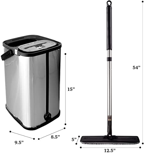 Black Flat Floor Mop And Bucket Set, Stainless Steel Bucket And Telescopic Handle, Professional Home And Office Cleaner For All Types Of Floors, Hardwood, Laminate, Tile #TOP5