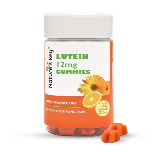 Natures Key Lutein Gummies 12mg with Zeaxanthin & Vitamin A for Kids and Adults | Eye Health and Brain Function Supplement | Orange Flavor 120Ct