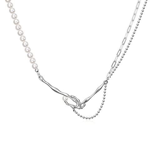 Joerph Paper Clip Pearl Necklace Vintage Dainty Layered Link Chain Baroque Cultured Pearls 925 Sterling Silver Choker Fashion Retro Charm Valentine‘s Day Jewelry For Women Girls(With Gift Box) #TOP4