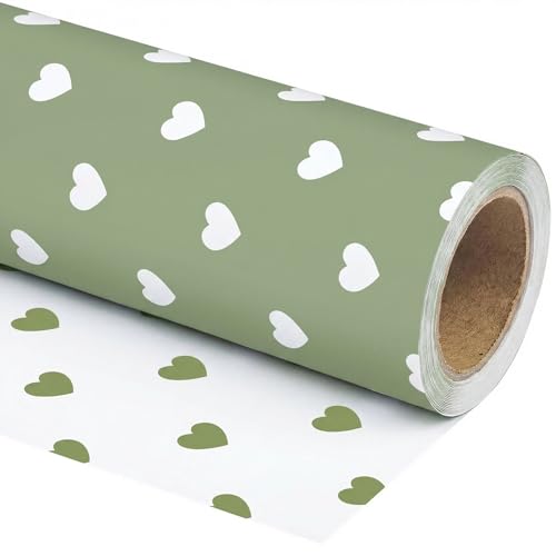 WRAPLULU Reversible Hearts Wrapping Paper Roll - 17.5 * 26 Ft. - Sage Green Gift Wrap Perfect for Wedding Bridal Shower Valentines Day Anniversary Birthday Baby Shower Mothers Day