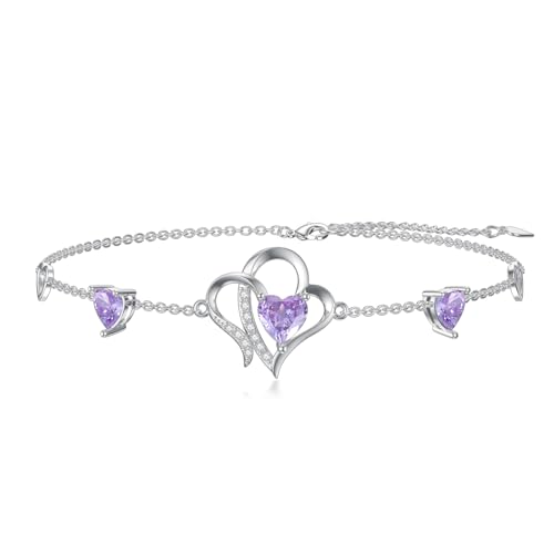 YAFEINI Pulsera de plata de ley con eslabones de corazón y amatista para mujer, pulsera ajustable de plata, joyería de regalo para ella, Plata de ley, Amatista